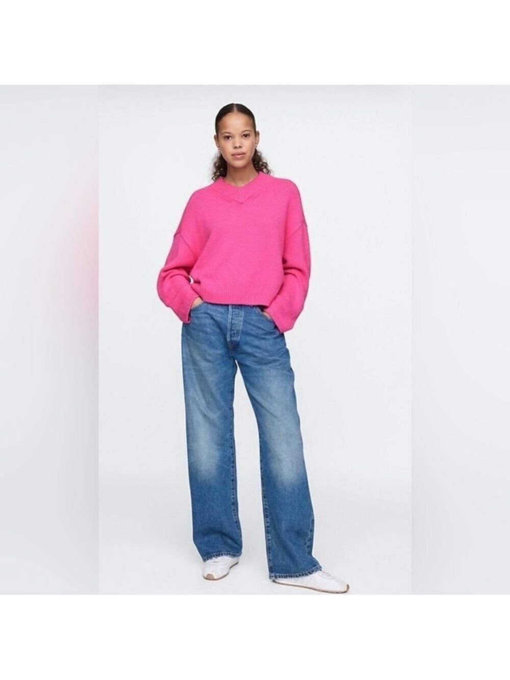 Gap Cashsoft Barbiecore Pink High V Neck Chunky Knit Sweater NWOT XXL Cozy Cabin